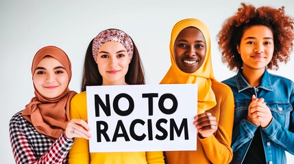 Diverse group of women holding a 'NO TO RACISM' sign, unity concept. Isolated on white background.
