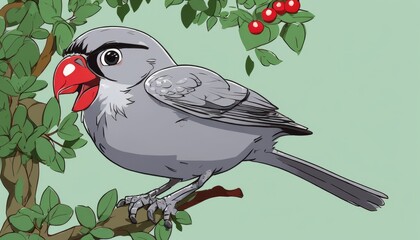 Poster - A bird perched on a branch with a red berry in the background