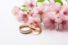 A Pair Of Elegant Gold Wedding Rings Sitting Beside Delicate Pink Flowers, Creating A Beautiful And Romantic Scene, Pink Flowers And Two Golden Wedding Rings On White Background, AI Generated