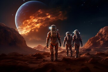 Wall Mural - A group of astronauts in spacesuits walk on the surface of the Red Planet. Space explorers, Galaxies. Rear view.