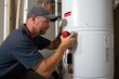 © Iftikhar alam - A man is working on a water heater using various tools in a residential setting, Plumber installing water heater at new home, AI Generated