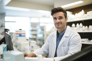 Poster - A man wearing a lab coat is seen sitting at a counter, engaging in scientific research and experimentation, Portrait of a male pharmacist working at the counter in pharmacy, AI Generated