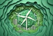 © Яна Деменишина - Eco-friendly city living concept: green cityscape with wind turbines, trees and buildings cut out in laminated paper style