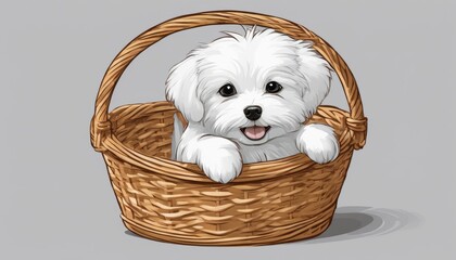 Poster - A small white puppy sitting in a wicker basket