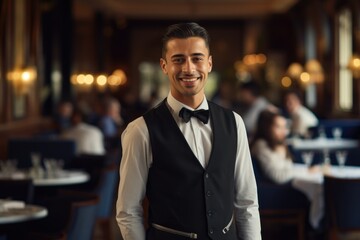 A well-dressed gentleman in a vest and bow tie, stands confidently in a stylish restaurant, Portrait of smiling waiter welcoming guests in hote, AI Generated