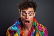 A mans face frozen in a state of disbelief as he reacts with surprise and shock, portrait of young man in colorful clothes with big eyes and open mouth expressing the emotion, AI Generated