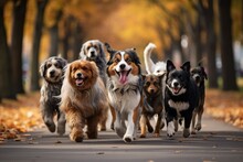 A Lively Group Of Dogs Joyfully Sprinting Down A Street, Filled With Energy And Excitement, Professional Dog Walkers, Dog Walking Business, Services, AI Generated