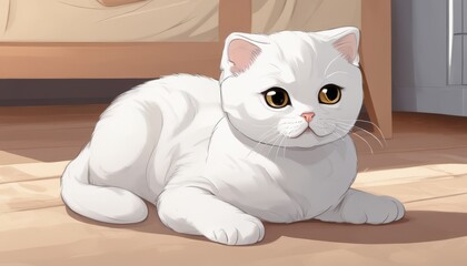 Wall Mural - A white cat with black eyes sitting on a wooden floor