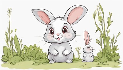 Poster - A large white bunny and a smaller white bunny standing in a field of grass