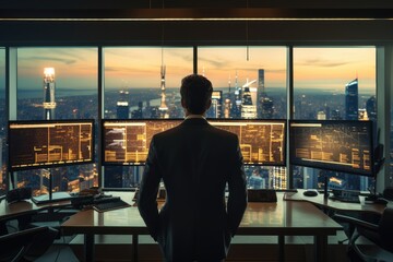 Poster - a man stands at a desk in front of a large window, focusing on his work, real back view unknown man 