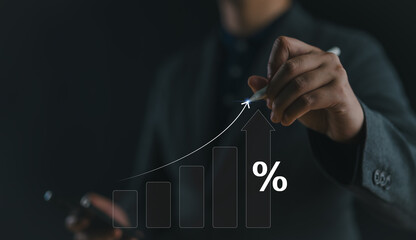 Poster - Business development to success and growing growth concept, graph with percentage sign and arrow up, represent in meanings of interest rate increase, performance, percent, growth sales.