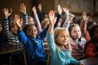 © Tanu - Group of children in the classroom and raised their hands to answer . Back To School concept. Ai generated