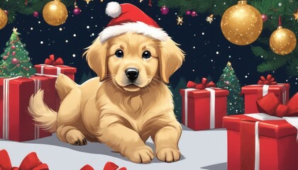 Poster - A puppy wearing a Santa hat