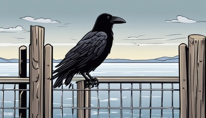 Poster - A black bird perched on a fence