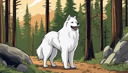 Sticker - A white dog with a panting tongue standing in the woods