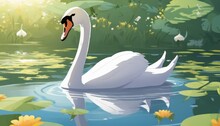 A White Swan Swimming In A Pond