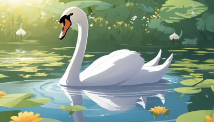 Sticker - A white swan swimming in a pond