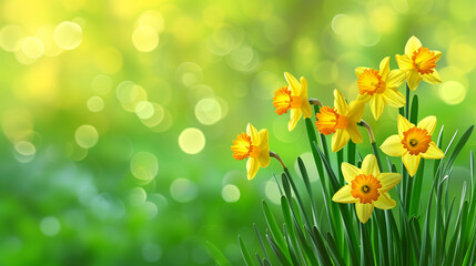 daffodils in sunshine ,flowers in green spring meadow on blurred bokeh background