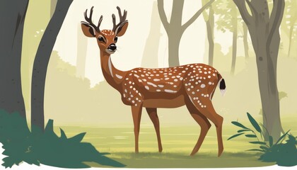 Wall Mural - A deer with a white tail stands in a field