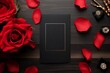 © CassiOpeiaZz - Mockup blank black greeting card with red rose flower on dark wood background. Valentine's day-wedding. presentation. advertisement. copy text space.