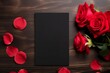 © CassiOpeiaZz - Mockup blank black greeting card with red rose flower on dark wood background. Valentine's day-wedding. presentation. advertisement. copy text space.