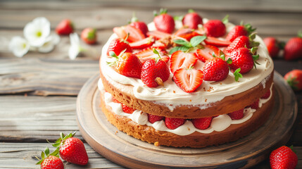 fraisier mousse cake. strawberry cake on a wooden background. summer dessert. copy space.