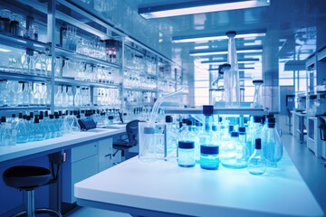 Poster - Busy Laboratory Showcasing Numerous Liquid Bottles for Scientific Experiments, The laboratory is used for scientific research to test and research therapeutic vaccines, AI Generated