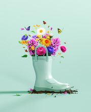 Green Rubber Boot Full Of Colorful Spring Flowers With Butterflies And Bees On Mint Green Background. Spring Is Here Concept. 3D Rendering, 3D Illustration	