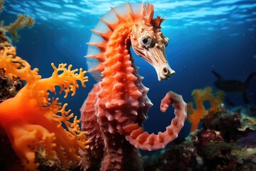 Wall Mural - Hippocampus seahorse on a tropical coral reef, Sea horse in vibrant coral reef, AI Generated