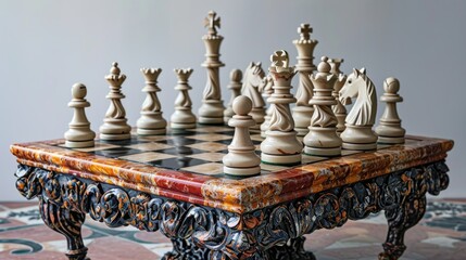 Poster - Chessboard on the table with unusual expensive antique white pieces
