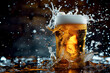 Mug with fresh, cool foamy beer over black background. Splashes and drops. Concept of alcohol, oktoberfest, drinks, holidays and festivals. Copy space for ad.