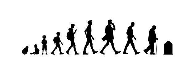vector illustration. silhouette of growing up man from baby to old age. many people of different age