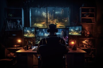 Poster - A person working or studying at a desk in front of two computer monitors, man on computer setup in the dark gaming, AI Generated