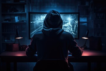 Poster - A person focused on their work or studies, sitting at a desk and using a computer, man on computer setup in the dark gaming, AI Generated