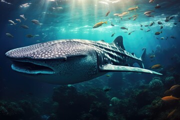 Wall Mural - A majestic whale gracefully glides through the ocean waters amidst a bustling school of fish, Whale shark swimming in the ocean, AI Generated