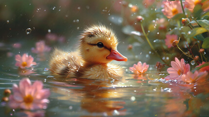 illustration of a cute print of a swimming duck