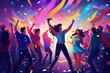 A lively gathering where a diverse group of individuals joyfully dance together in celebration of an event, Young happy individuals are dancing in clubs, Nightlife and disco concept, AI Generated