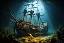Pirate Ship In The Ocean. Fantasy Illustration. Digital Painting, Sunken Tall Ship, AI Generated