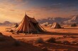 A large group of tents set up in the sandy desert with majestic mountains towering in the distance, Tent encampment in a desert environment, AI Generated