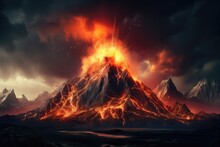 A Breathtaking Image Showcasing A Towering Mountain Spewing Copious Amounts Of Molten Lava, Creating A Dramatic Scene, Volcanic Mountain In Eruption - 3D Rendering, AI Generated