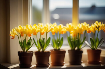 Beautiful spring flowers in pots on window sill.