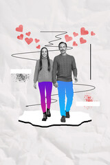 Poster - Vertical photo collage picture walking couple two lovers hold each other hands celebrate valentine day amour harmony feelings