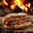 grilled sausage hotdog with baked beans served infront of the burning logs . generative ai
