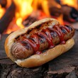 grilled sausage hotdog with ketchup served infront of the burning logs . generative ai