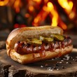 grilled sausage hotdog with pickles served infront of the burning logs . generative ai
