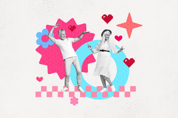 Sticker - Collage picture of two cheerful carefree aged people enjoy dancing chilling painter hearts star flower isolated on paper background