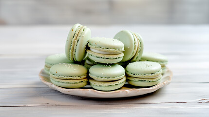 Pale green French macarons on a plate.