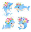 Watercolor cute Dolphin cartoon character design collection with different on with background. Vector illustration	