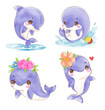 Watercolor cute Dolphin cartoon character design collection with different on with background. vector illustration.