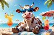 © Julija AI - Cute 3D cow character in sunglases enjoying a summer cocktail by the sandy beach in sunny day.Vacation, holiday and relax concept.